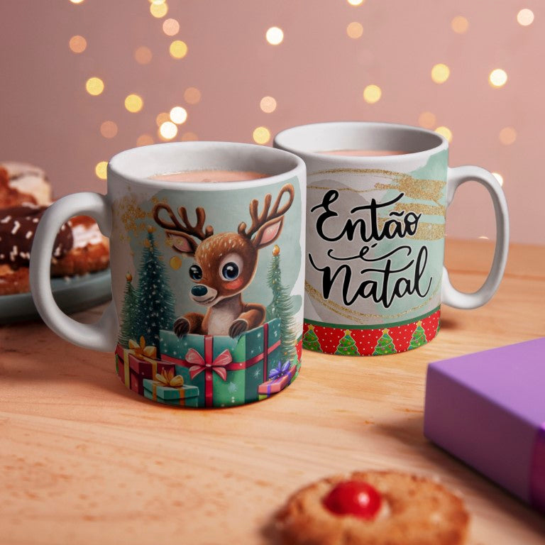 Cute Cartoon Reindeer Christmas Mug Sublimation Designs PNG Bundle | Portuguese Holiday Quote Coffee Cup Layout