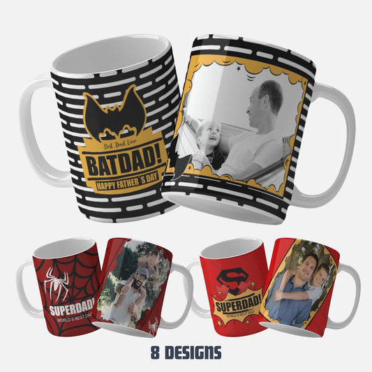 A collection of eight personalized Father's Day mug wrap designs featuring superhero themes such as Batman, Superman, Spiderman, Captain America, Thor, Skull, Green Lantern and more. The image shows mugs with bold graphics and spaces for personal photos, highlighting the unique and heartfelt nature of these gifts.