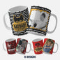 A collection of eight personalized Father's Day mug wrap designs featuring superhero themes such as Batman, Superman, Spiderman, Captain America, Thor, Skull, Green Lantern and more. The image shows mugs with bold graphics and spaces for personal photos, highlighting the unique and heartfelt nature of these gifts.