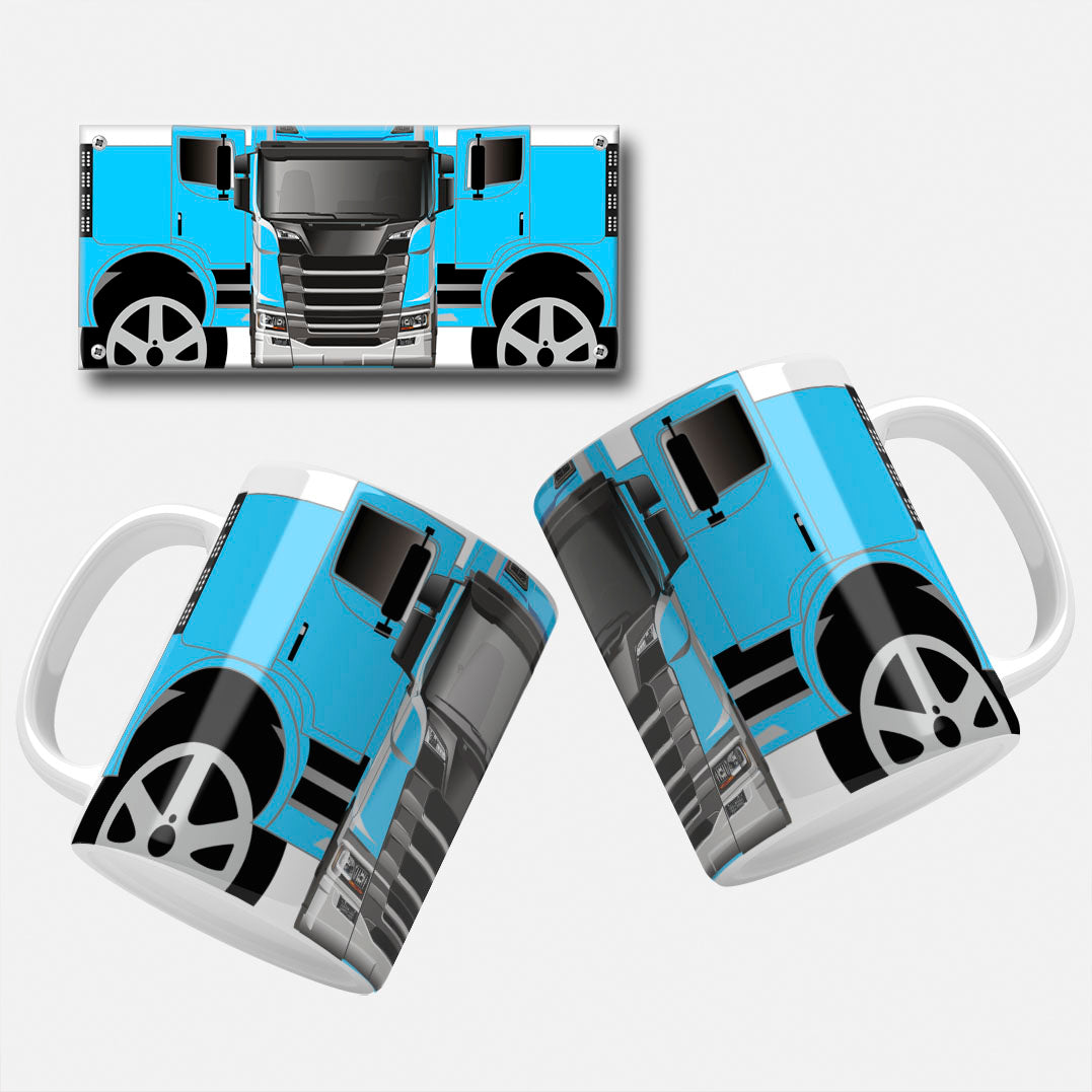 Blue lorry truck mug wrap template featuring a realistic front view design