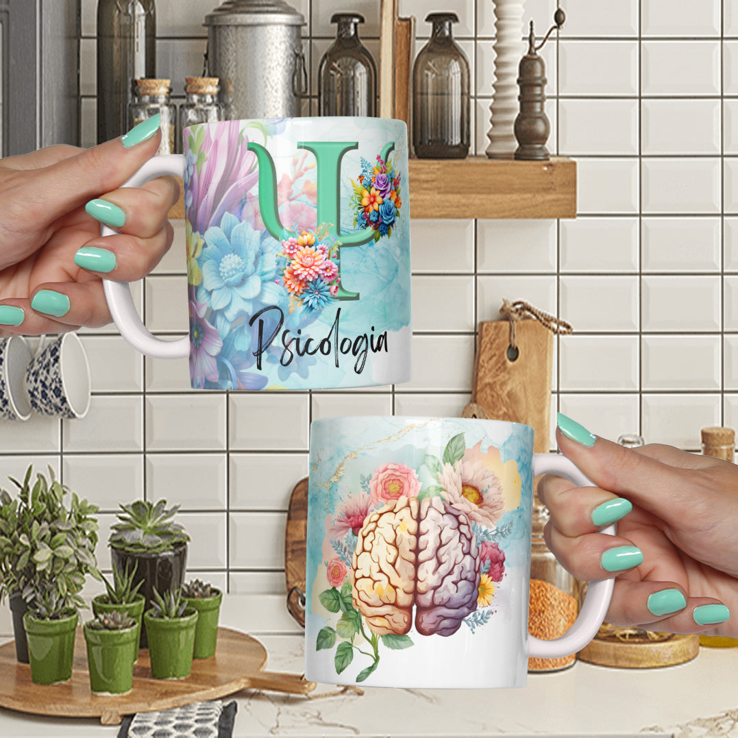 Psychology Floral Brain Mug Sublimation PNG Bundle | Watercolor Brain Flower Psi Symbol Mug Wrap