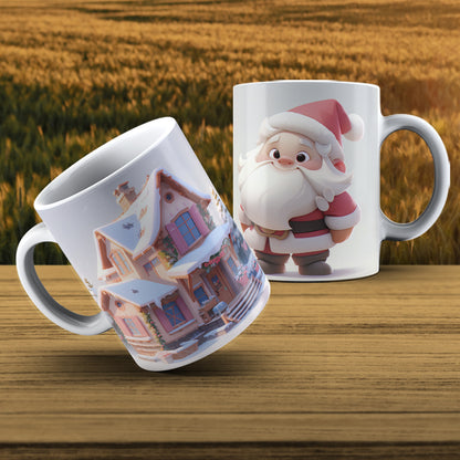 Cute Santa & Cozy Cottage Mug Wrap Bundle PNG | Christmas Village Sublimation Design