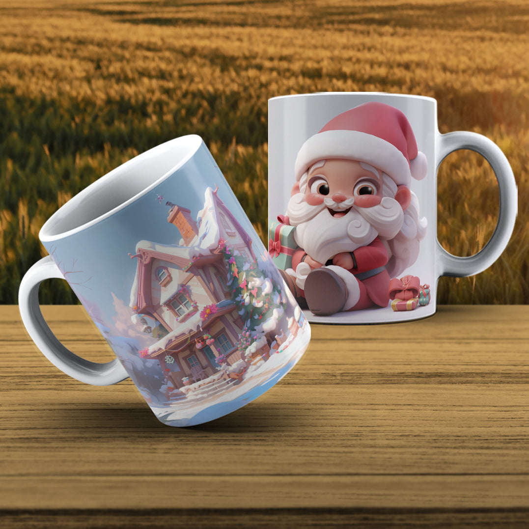 Cute Santa & Cozy Cottage Mug Wrap Bundle PNG | Christmas Village Sublimation Design