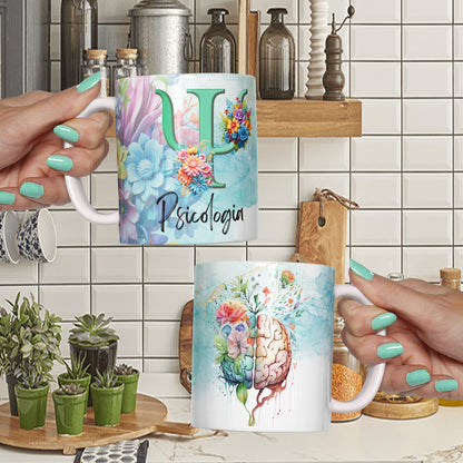 Psychology Floral Brain Mug Sublimation PNG Bundle | Watercolor Brain Flower Psi Symbol Mug Wrap