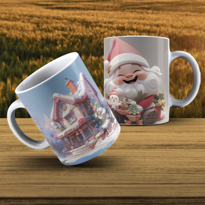 Cute Santa & Cozy Cottage Mug Wrap Bundle PNG | Christmas Village Sublimation Design