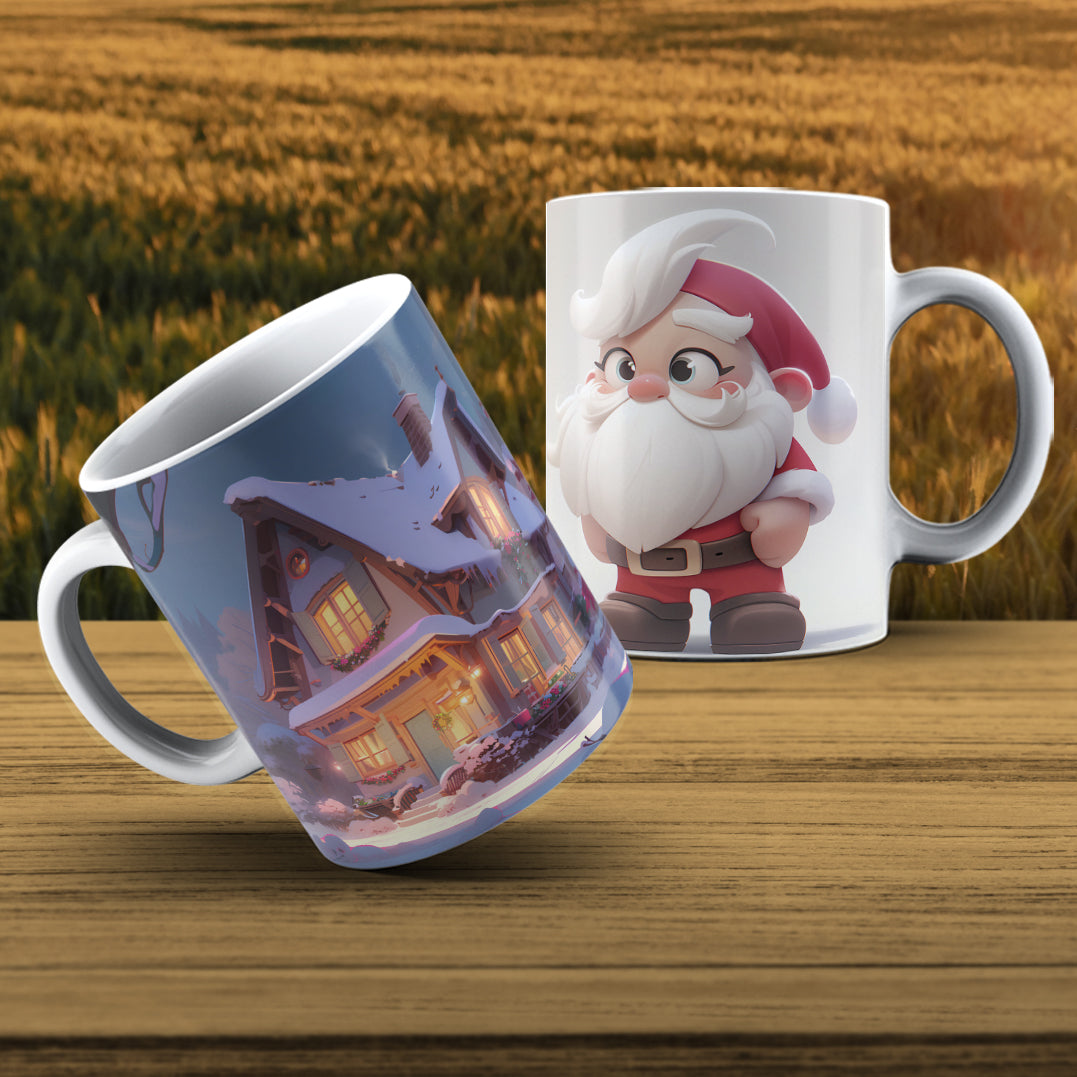 Cute Santa & Cozy Cottage Mug Wrap Bundle PNG | Christmas Village Sublimation Design