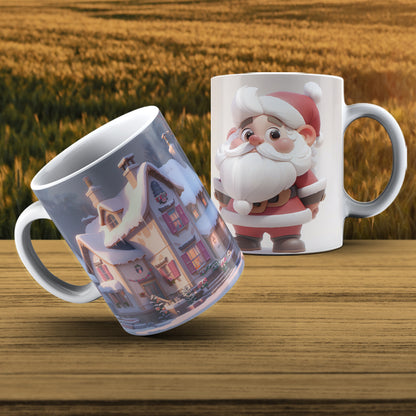 Cute Santa & Cozy Cottage Mug Wrap Bundle PNG | Christmas Village Sublimation Design