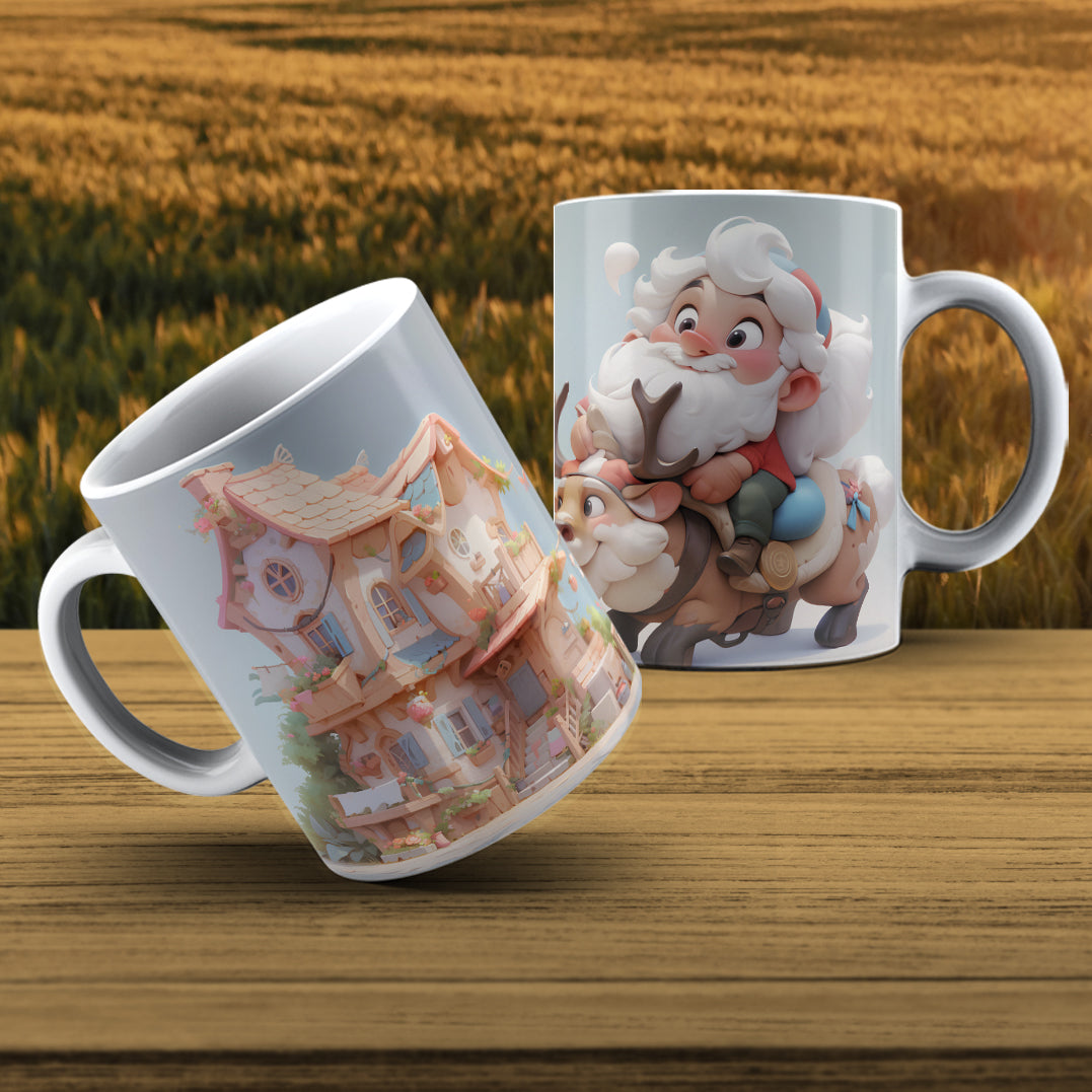 Cute Santa & Cozy Cottage Mug Wrap Bundle PNG | Christmas Village Sublimation Design
