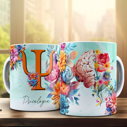 Psychology Floral Brain Mug Sublimation PNG Bundle | Colorful Flower Psi Symbol Mug Wrap