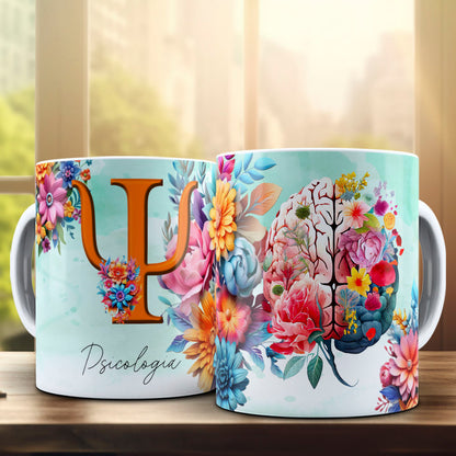 Psychology Floral Brain Mug Sublimation PNG Bundle | Colorful Flower Psi Symbol Mug Wrap