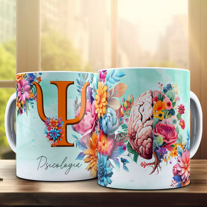 Psychology Floral Brain Mug Sublimation PNG Bundle | Colorful Flower Psi Symbol Mug Wrap