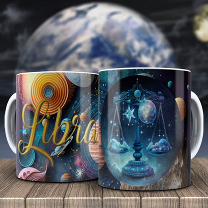 Galactic Zodiac Mug Sublimation PNG Bundle | 3D Cosmic Celestial Planet Coffee Cup Wrap