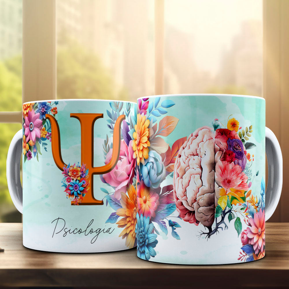 Psychology Floral Brain Mug Sublimation PNG Bundle | Colorful Flower Psi Symbol Mug Wrap