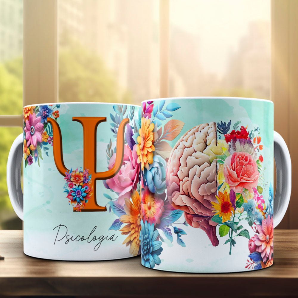 Psychology Floral Brain Mug Sublimation PNG Bundle | Colorful Flower Psi Symbol Mug Wrap