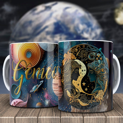 Galactic Zodiac Mug Sublimation PNG Bundle | 3D Cosmic Celestial Planet Coffee Cup Wrap