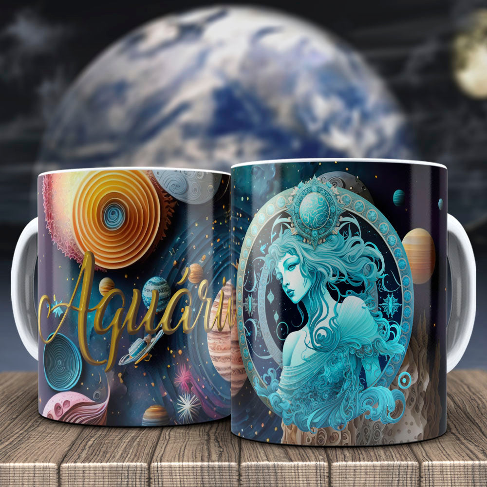 Galactic Zodiac Mug Sublimation PNG Bundle | 3D Cosmic Celestial Planet Coffee Cup Wrap