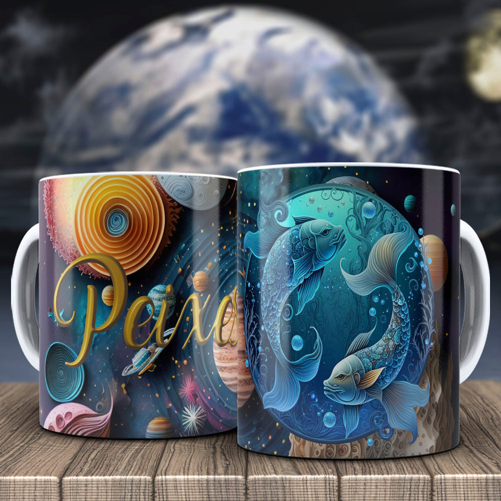 Galactic Zodiac Mug Sublimation PNG Bundle | 3D Cosmic Celestial Planet Coffee Cup Wrap