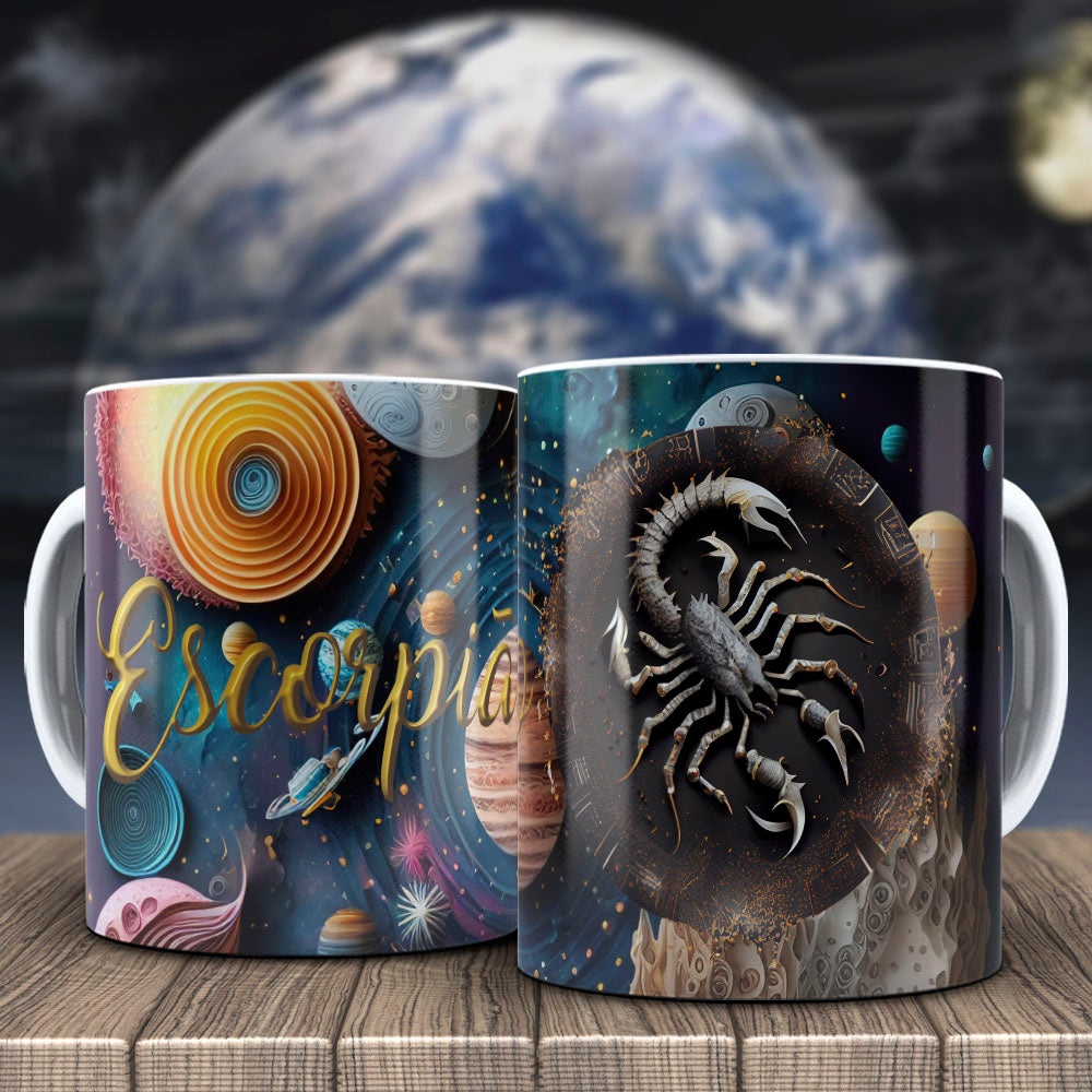 Galactic Zodiac Mug Sublimation PNG Bundle | 3D Cosmic Celestial Planet Coffee Cup Wrap