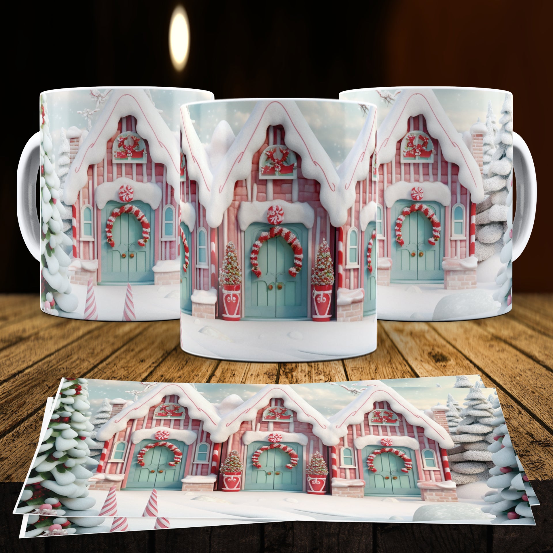 3D Christmas Gingerbread House Mug Sublimation PNG Bundle | Cute Pastel Candy Village Mug Wrap 11oz 15oz Template