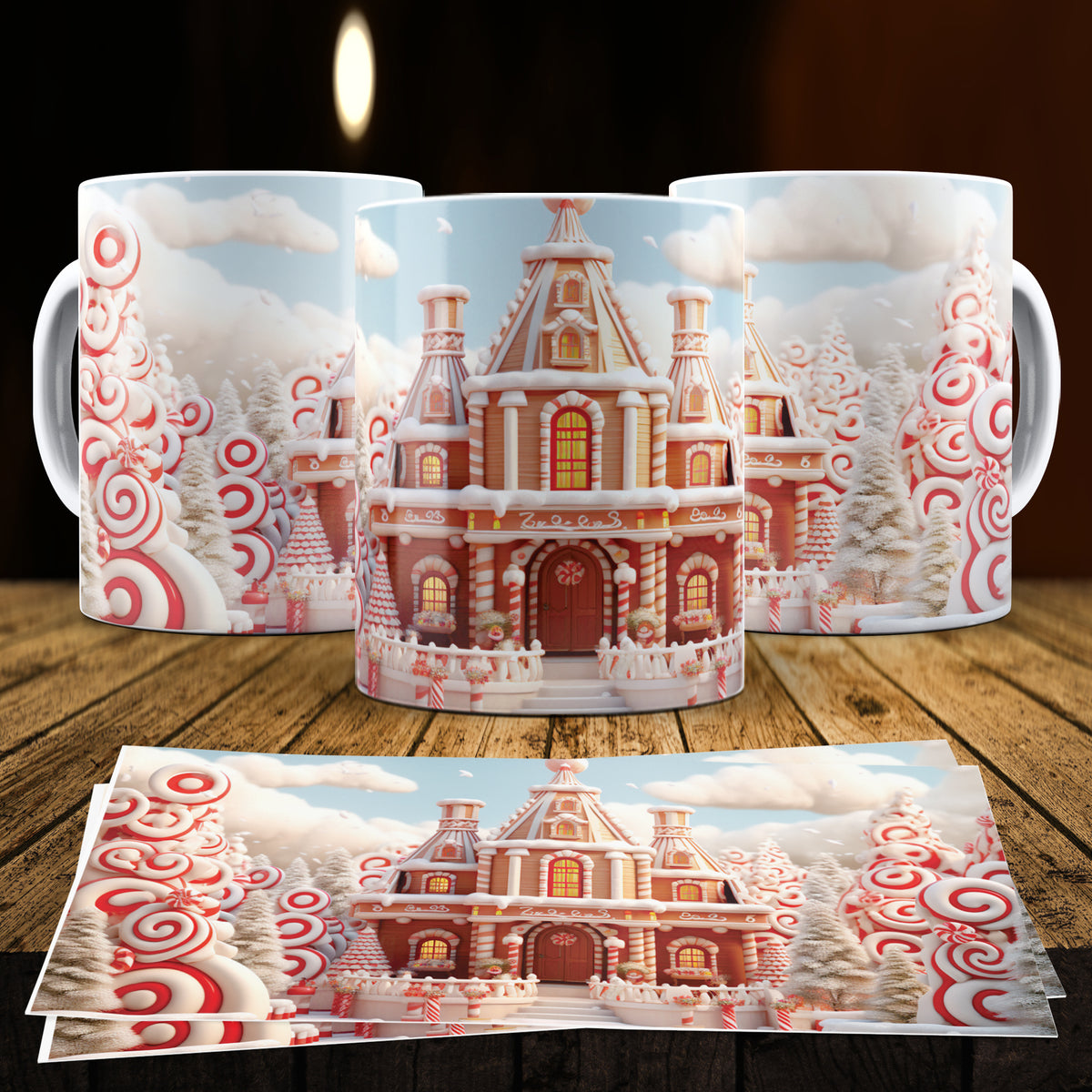 3D Christmas Gingerbread House Mug Sublimation PNG Bundle | Cute Pastel Candy Village Mug Wrap 11oz 15oz Template