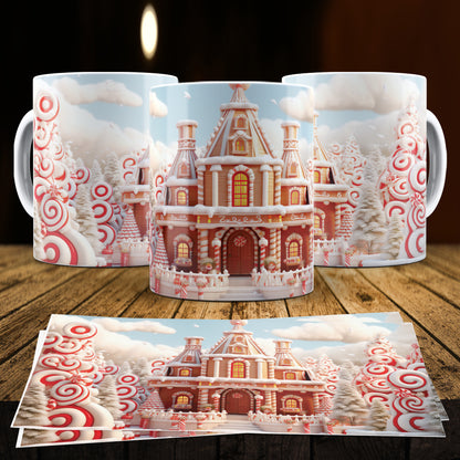 3D Christmas Gingerbread House Mug Sublimation PNG Bundle | Cute Pastel Candy Village Mug Wrap 11oz 15oz Template
