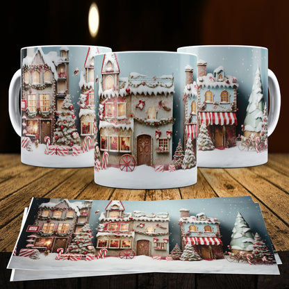 3D Christmas Gingerbread House Mug Sublimation PNG Bundle | Cute Pastel Candy Village Mug Wrap 11oz 15oz Template
