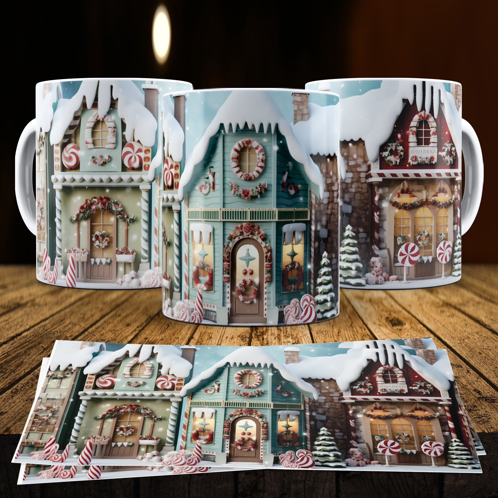 3D Christmas Gingerbread House Mug Sublimation PNG Bundle | Cute Pastel Candy Village Mug Wrap 11oz 15oz Template