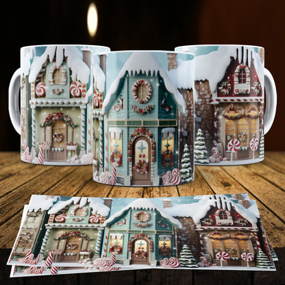 3D Christmas Gingerbread House Mug Sublimation PNG Bundle | Cute Pastel Candy Village Mug Wrap 11oz 15oz Template