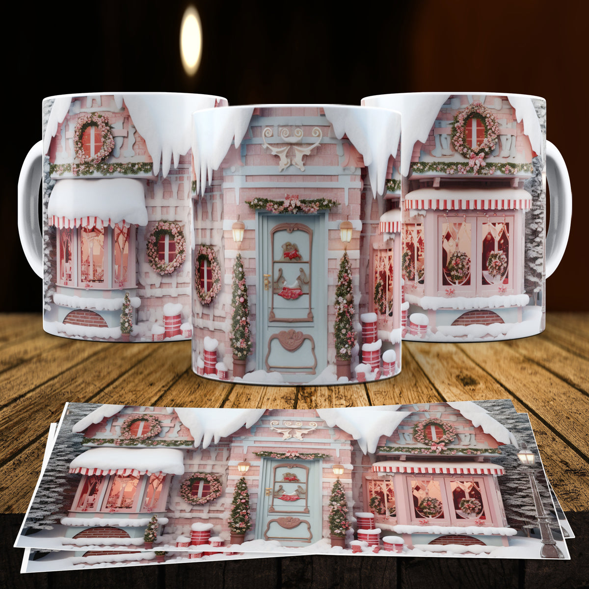 3D Christmas Gingerbread House Mug Sublimation PNG Bundle | Cute Pastel Candy Village Mug Wrap 11oz 15oz Template