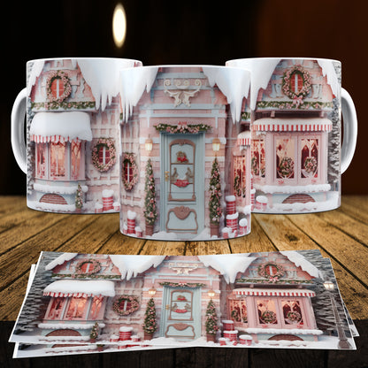 3D Christmas Gingerbread House Mug Sublimation PNG Bundle | Cute Pastel Candy Village Mug Wrap 11oz 15oz Template