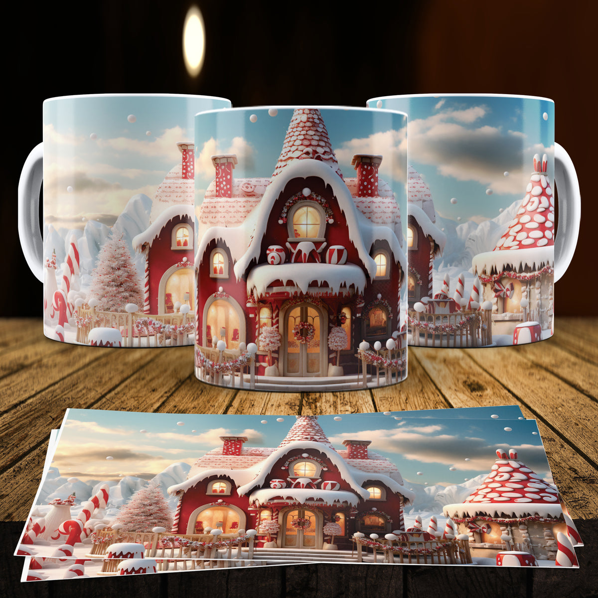 3D Christmas Gingerbread House Mug Sublimation PNG Bundle | Cute Pastel Candy Village Mug Wrap 11oz 15oz Template
