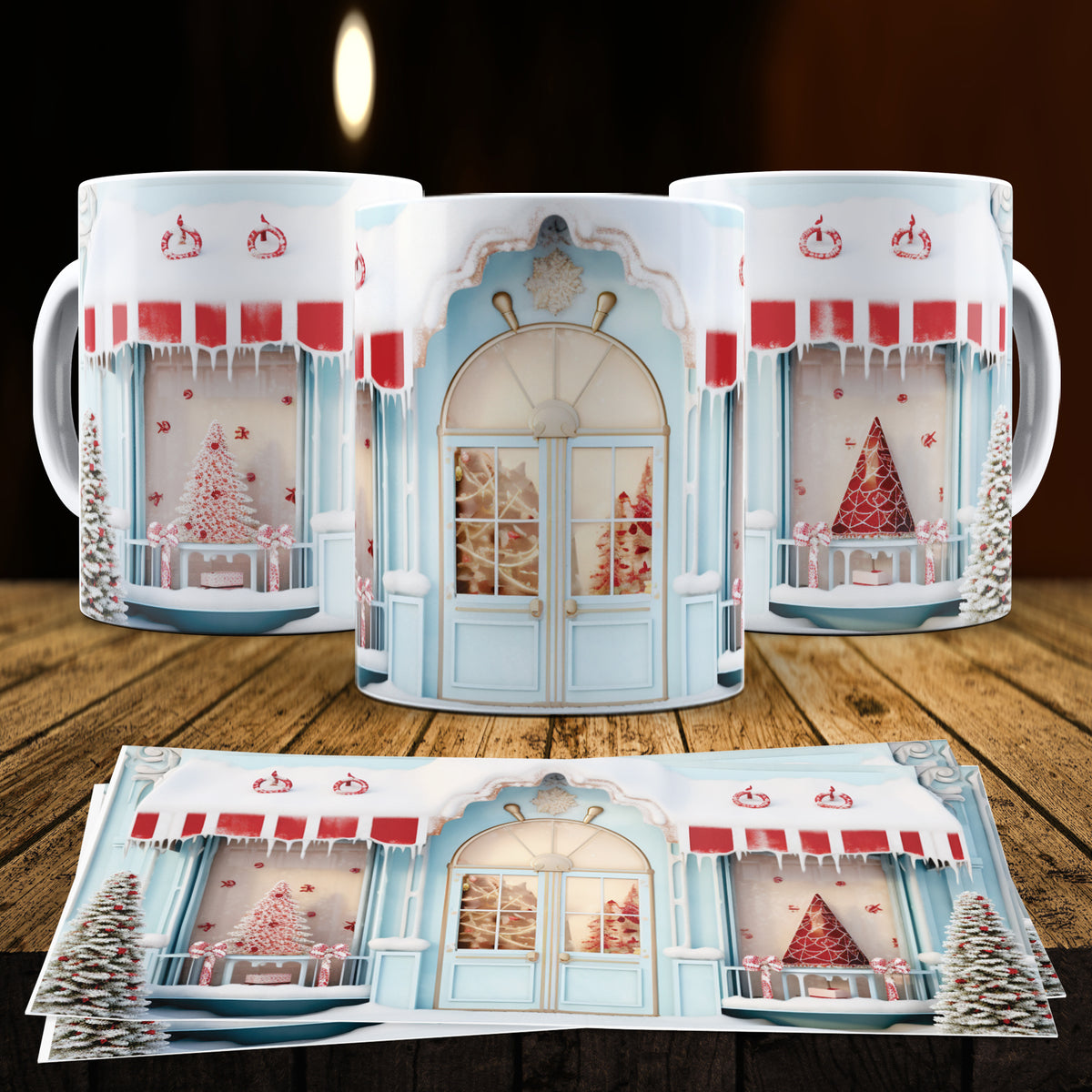 3D Christmas Gingerbread House Mug Sublimation PNG Bundle | Cute Pastel Candy Village Mug Wrap 11oz 15oz Template