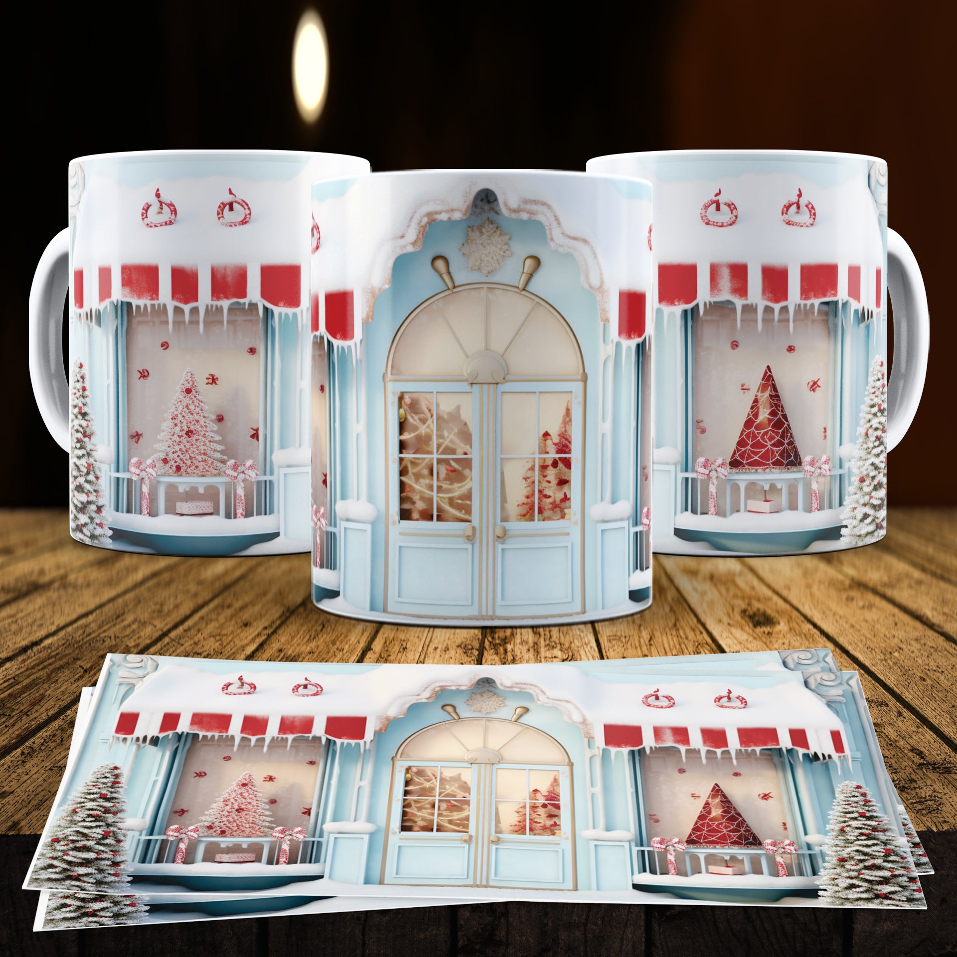 3D Christmas Gingerbread House Mug Sublimation PNG Bundle | Cute Pastel Candy Village Mug Wrap 11oz 15oz Template