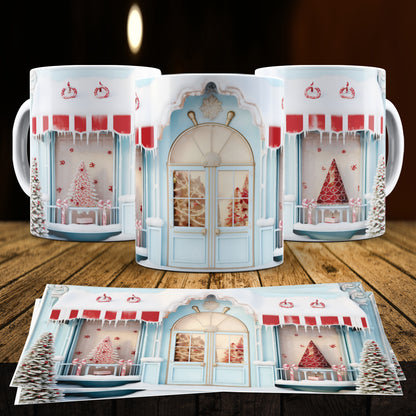 3D Christmas Gingerbread House Mug Sublimation PNG Bundle | Cute Pastel Candy Village Mug Wrap 11oz 15oz Template