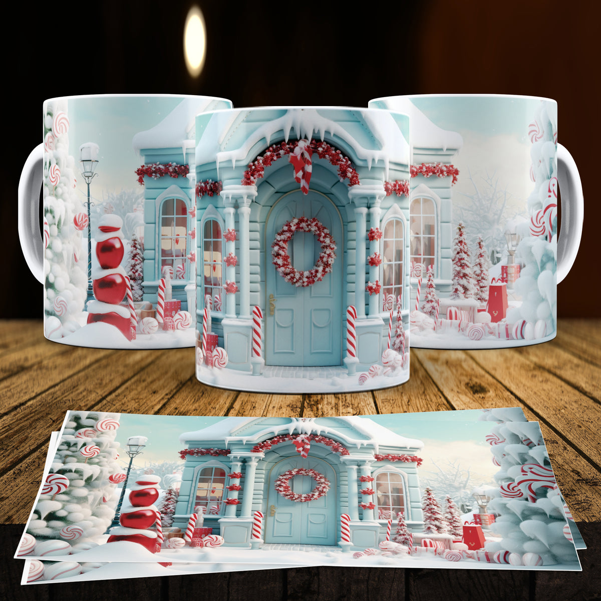 3D Christmas Gingerbread House Mug Sublimation PNG Bundle | Cute Pastel Candy Village Mug Wrap 11oz 15oz Template