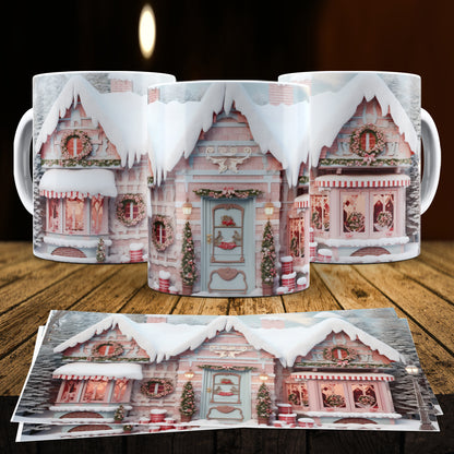 3D Christmas Gingerbread House Mug Sublimation PNG Bundle | Cute Pastel Candy Village Mug Wrap 11oz 15oz Template