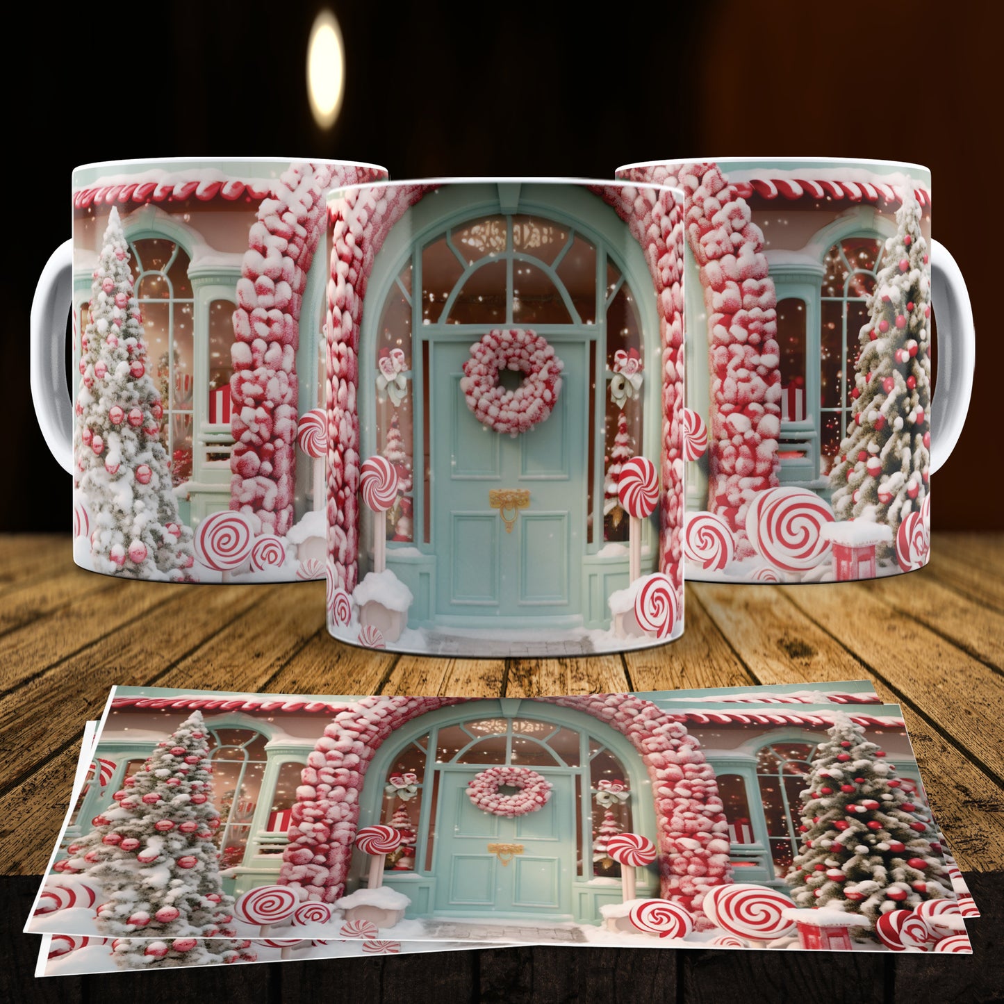 3D Christmas Gingerbread House Mug Sublimation PNG Bundle | Cute Pastel Candy Village Mug Wrap 11oz 15oz Template