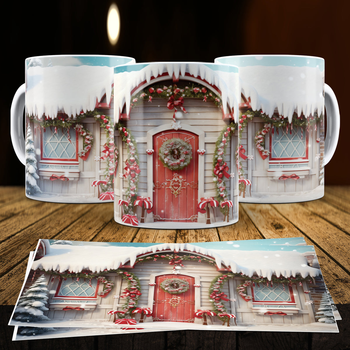 3D Christmas Gingerbread House Mug Sublimation PNG Bundle | Cute Pastel Candy Village Mug Wrap 11oz 15oz Template