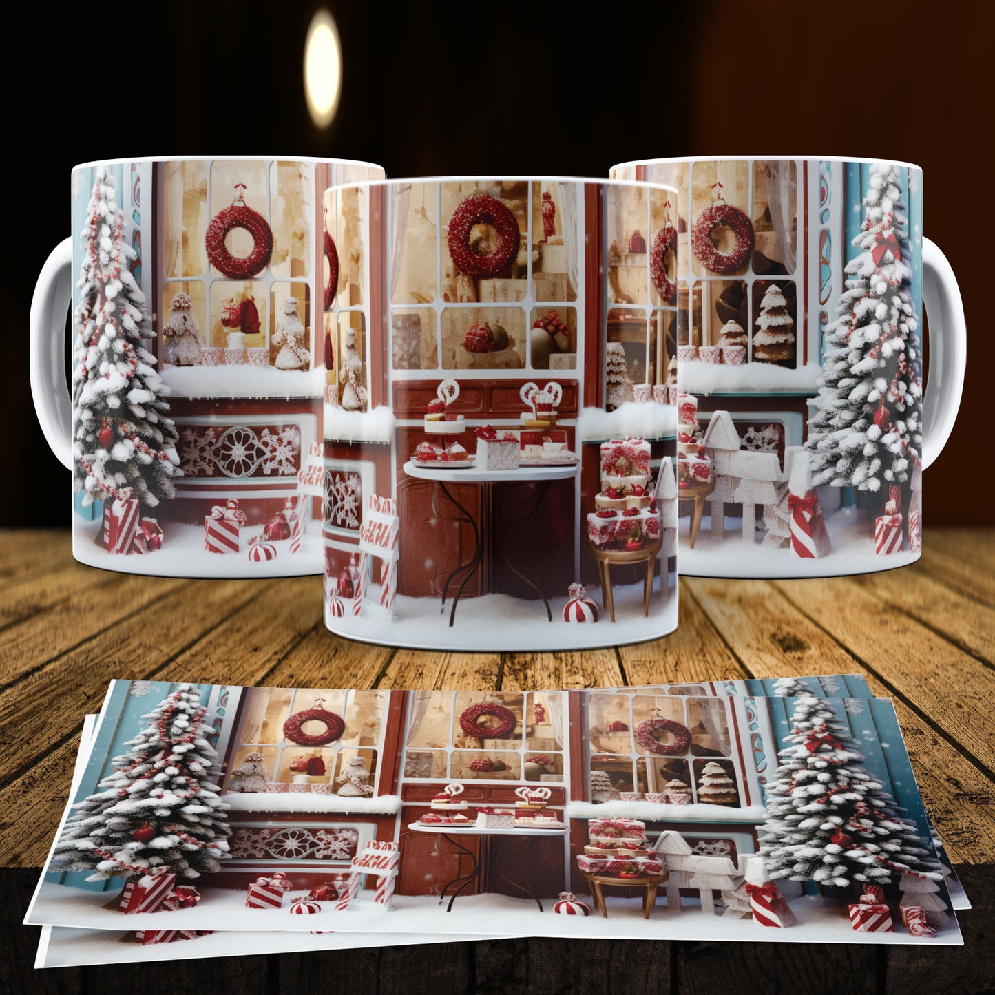 3D Christmas Gingerbread House Mug Sublimation PNG Bundle | Cute Pastel Candy Village Mug Wrap 11oz 15oz Template