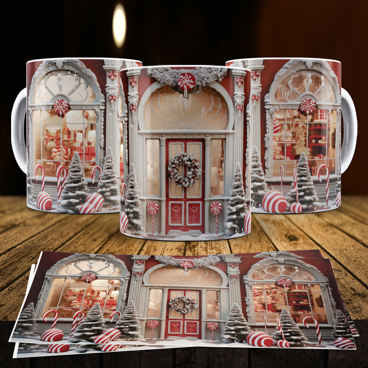 3D Christmas Gingerbread House Mug Sublimation PNG Bundle | Cute Pastel Candy Village Mug Wrap 11oz 15oz Template