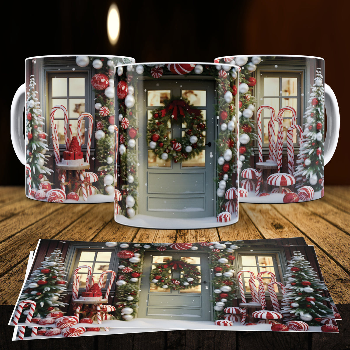 3D Christmas Gingerbread House Mug Sublimation PNG Bundle | Cute Pastel Candy Village Mug Wrap 11oz 15oz Template