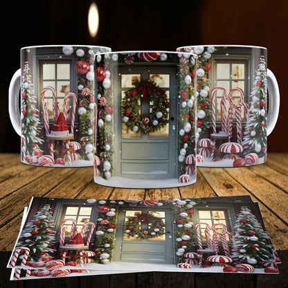3D Christmas Gingerbread House Mug Sublimation PNG Bundle | Cute Pastel Candy Village Mug Wrap 11oz 15oz Template