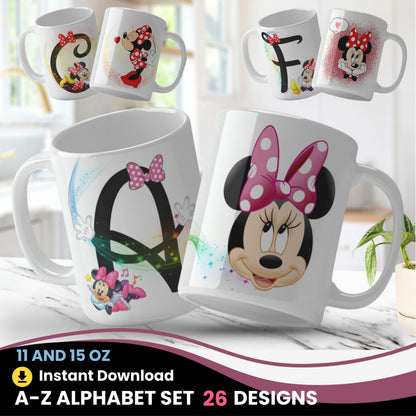 Set of mug desing in png with cartoon character designs on a white surface.