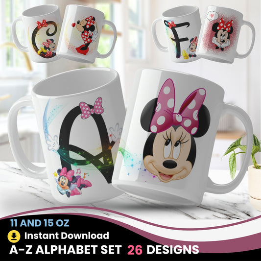 Set of mug desing in png with cartoon character designs on a white surface.