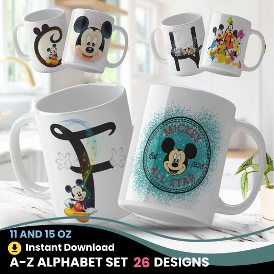 Collection of Mickey Mouse-themed mugs on a white surface with a blurred indoor background. PNG Wraps for sublimation. 