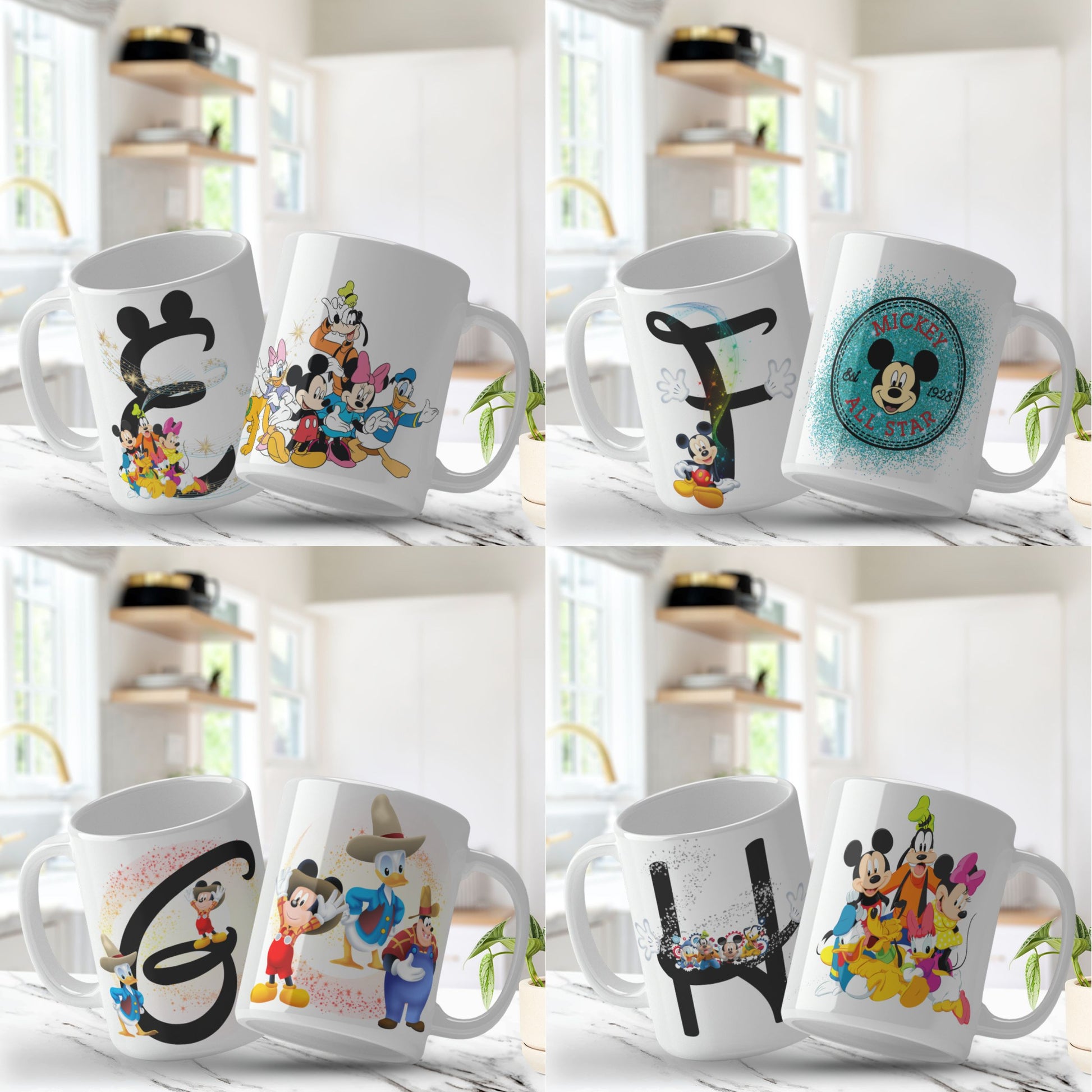 Set of six mickey mouse mug designs  with various designs on a white background