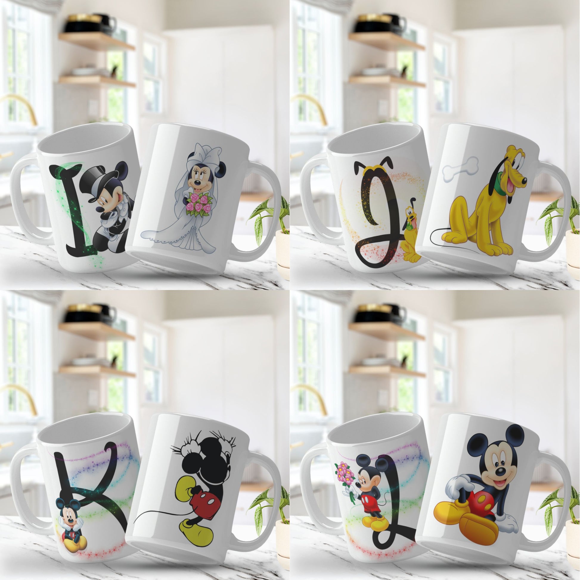 Set of white mugs with various cartoon character designs on a shelf. Mug png designs for sublimation.
