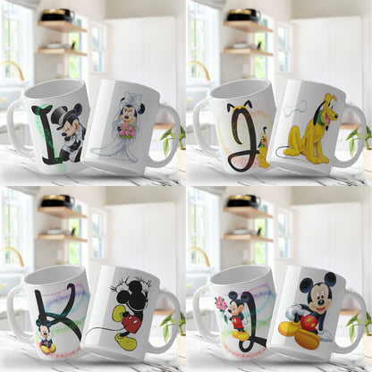 Set of white mugs with various cartoon character designs on a shelf. Mug png designs for sublimation.