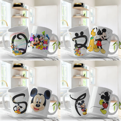 Set of mugs with various designs including cartoon characters on a white background.