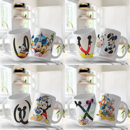 Set of Mickey Mouse-themed mugs displayed on a shelf.